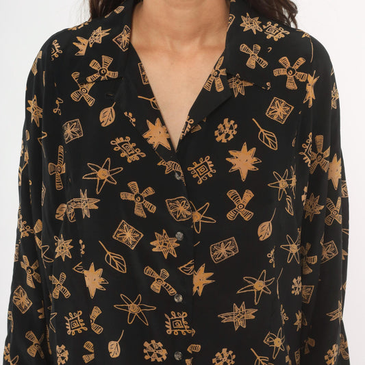90s Annie Alexander Silk Blouse Black Gold Abstract Print Notched Collar Large L