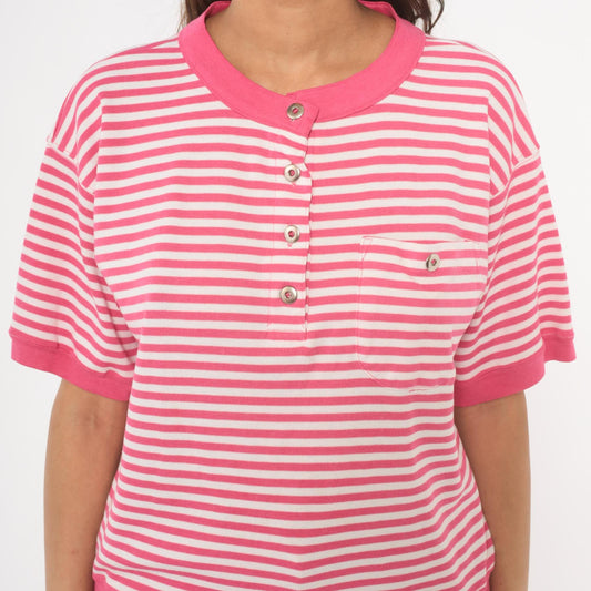 90s N Resource Pink Striped Henley Button Top Chest Pocket Medium