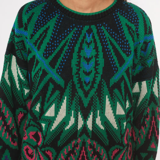 90s Venezia Geometric Jacquard Knit Sweater Green Pink Blue Crewneck XL