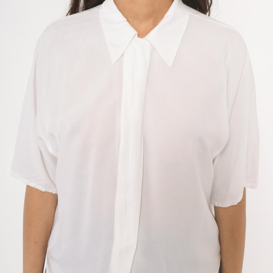 90s White Pointed Collar Blouse Hidden Placket Relaxed Fit Medium M
