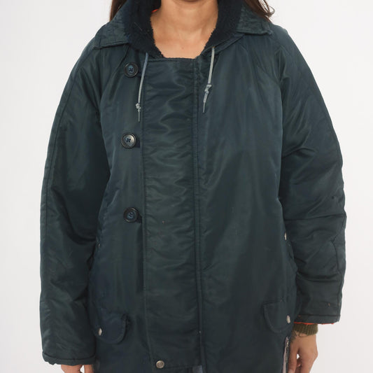 80s La Mart Navy Puffer Parka Sherpa Collar Hooded Winter Coat Large