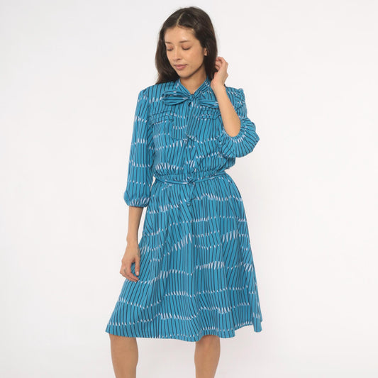 70s Teal Geometric Stripe Bow Neck Dress Puff Sleeve Belted Knee Length Large L