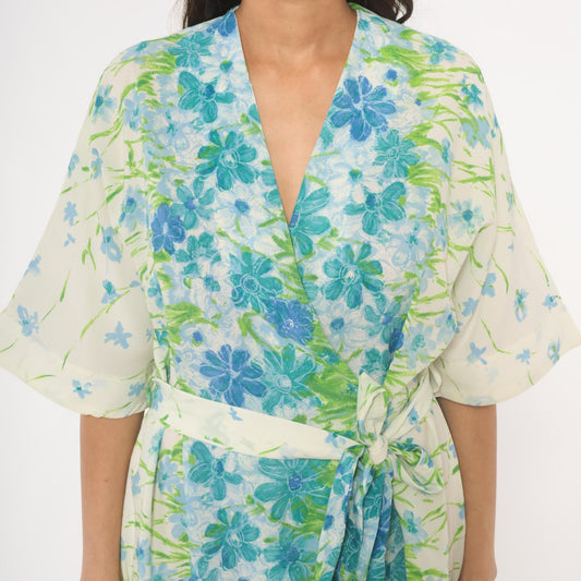 70s Floral Kimono Robe Maxi Wrap Dress Watercolor Print Blue Green Medium