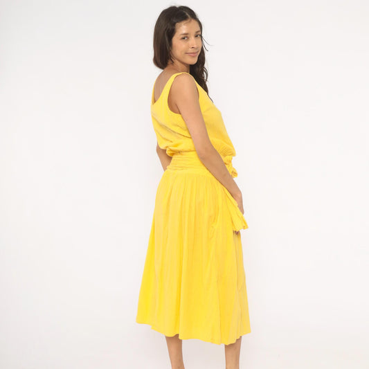 90s Yellow Cotton Sundress Scoop Neck Gathered Midi Tie Sash Medium M
