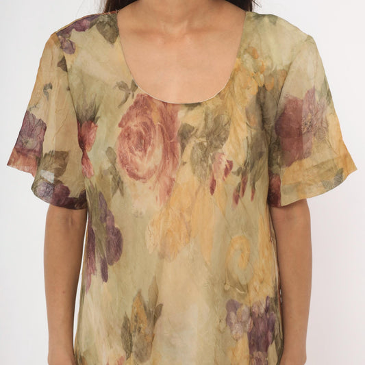 90s DE Frantoria Floral Maxi Dress Cream Rose Print Flutter Sleeve Extra Large