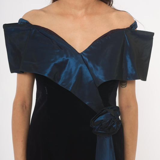 90s Evening Chic Off-Shoulder Velvet Dress Navy Satin Bodice Medium M