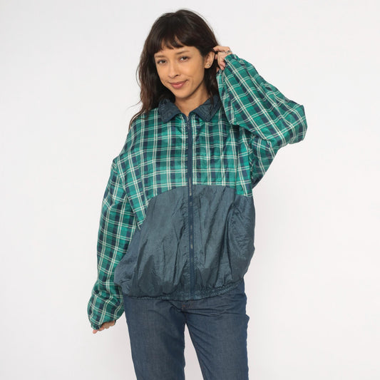 90s Honors Green Plaid Windbreaker Jacket Navy Colorblock Nylon Extra Large XL