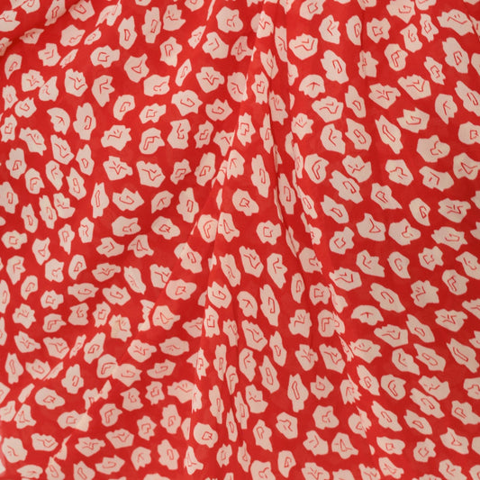 90s Red Floral Off-Shoulder Crop Top Flutter Sleeve White Leaf Print Small
