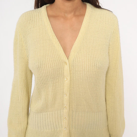 70s Avon Fashions Cardigan Sweater V Neck Cream Ribbed Knit Medium M