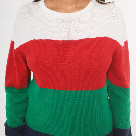 90s Boston Traders Color Block Knit Sweater Navy Green Red White Medium M