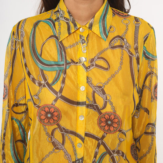 2000s Equestrian Chain Belt Print Sheer Blouse Mustard Gold Long Sleeve Large L