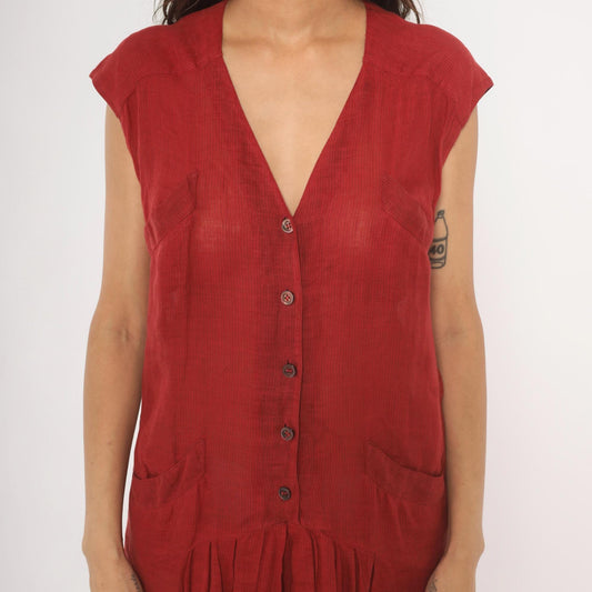 90s Laura Biagiotti Red Linen Dress V Neck Cap Sleeve Drop Waist Medium