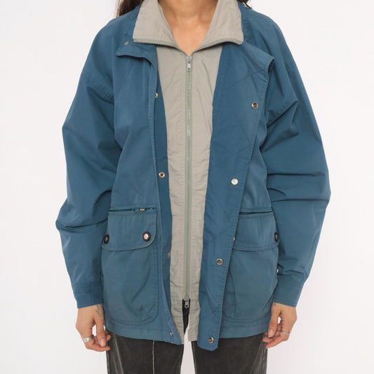 80s Whitefish Bay Slate Blue Field Jacket Grey Lined Utility Coat Small S