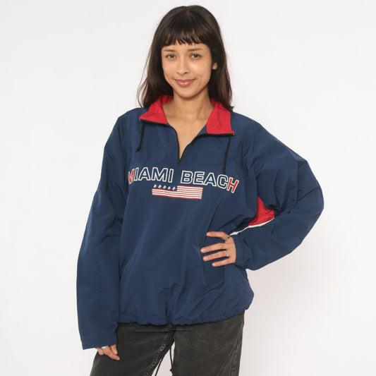 90s Uzzi Miami Beach Windbreaker Navy Half-Zip Nylon Jacket Red Collar Small