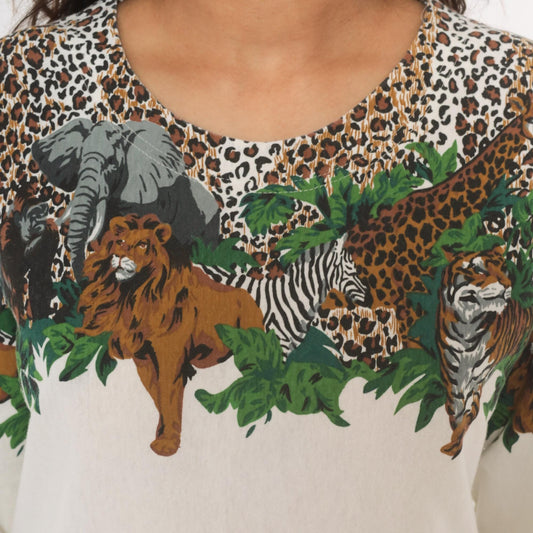 90s Enchante Sport Safari Animal Print Top Jungle Wildlife Cream Medium M