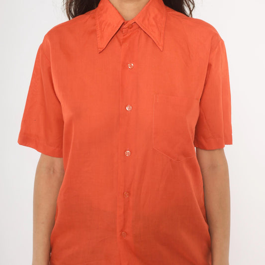 70s Odeon Burnt Orange Button-Up Shirt Pointed Collar Short Sleeve Medium