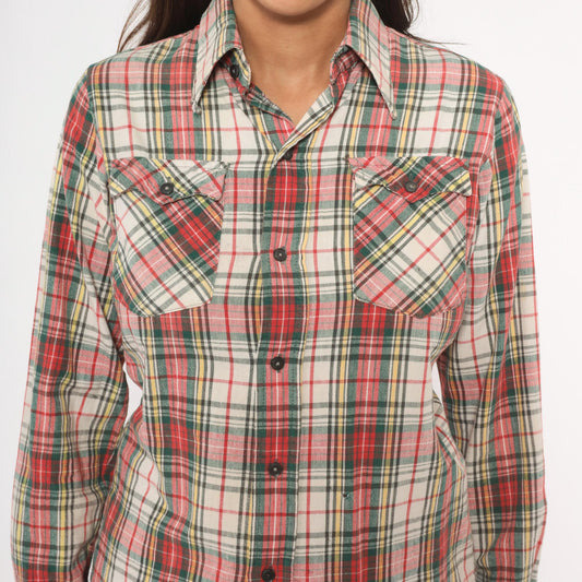 80s Medalist Plaid Flannel Shirt Red Green Tartan Button Front XS