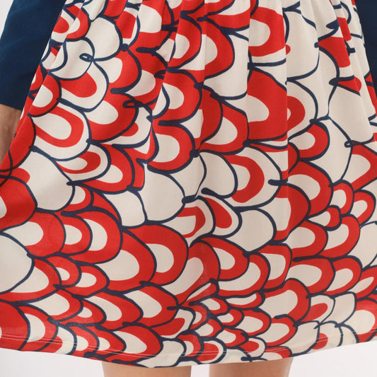 70s Mod Colorblock Dress Navy Scallop Print Long Sleeve Knee Length Medium M