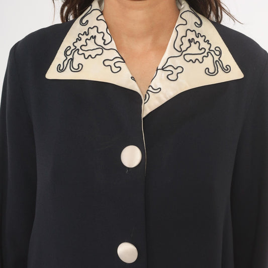 90s Navy Coat Dress Embroidered Ivory Collar White Dome Buttons Medium M