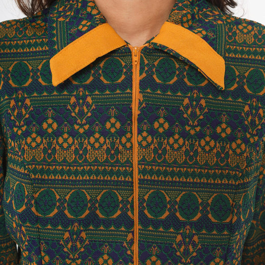 70s NPC Fashions Tapestry Mini Dress Forest Green Gold Jacquard Zip Collar Large L