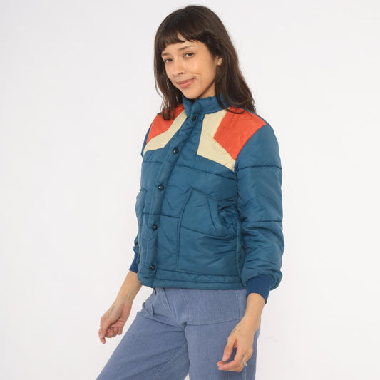 70s Navy Orange Cream Chevron Puffer Jacket Quilted Bomber Ski Coat XS
