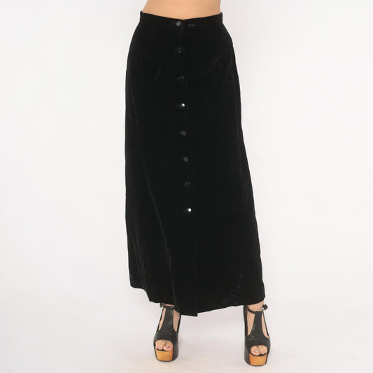 90s Black Velvet Maxi Skirt Button Front A-Line High Waist Small S