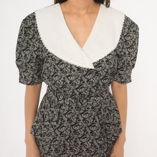 90s Miss Dorby Peplum Dress Black White Scroll Print V-Neck Puff Sleeve Large L