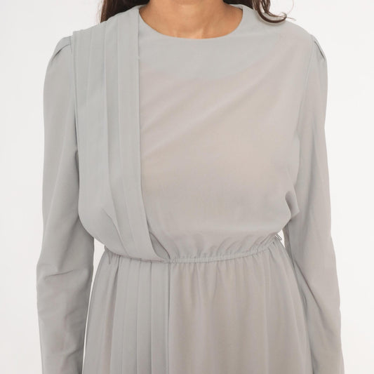 80s Grey Pleated Front Dress Pearl Button Back Long Sleeve Knee Length Small S