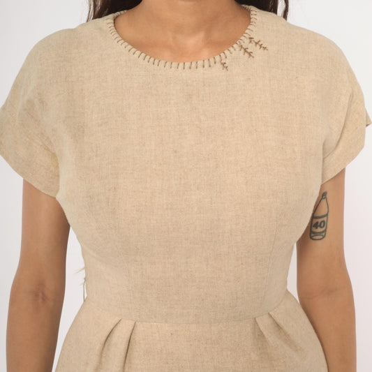 1950s Tan Wool Blend Sheath Dress Whipstitch Neckline Cap Sleeve Extra Small XS