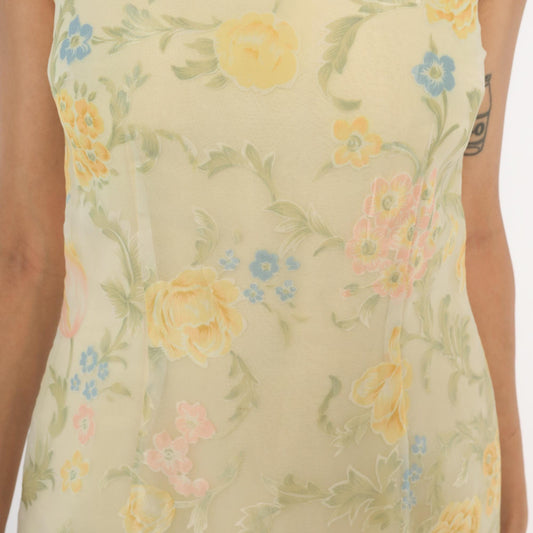 90s Ann Taylor Floral Shift Dress Yellow Scoop Neck Sleeveless Knee Small