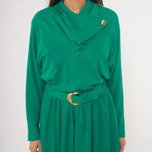 80s Positive Attitude Emerald Midi Dress Gold Buckle Belt Long Sleeve Large L