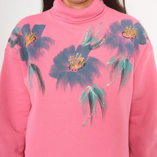 90s Tultex Pink Turtleneck Sweatshirt Floral Hand-Painted Glitter Extra Large XL