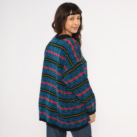 90s Jacque & Koko Jacquard Knit Sweater Teal Scroll Pattern Crew Neck Extra Large XL