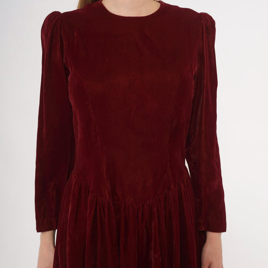 70s Burgundy Velvet Midi Dress Puff Sleeve Fitted Waist Small