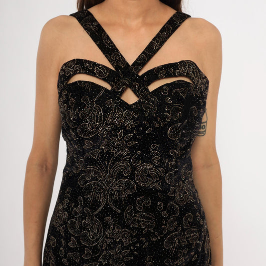 90s Roberta Black Velvet Gold Glitter Paisley Mini Dress Cutout Small S