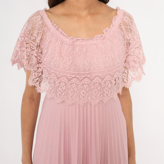 70s Pink Lace Cape Maxi Dress Scalloped Flutter Sleeve Accordion Pleated Small S
