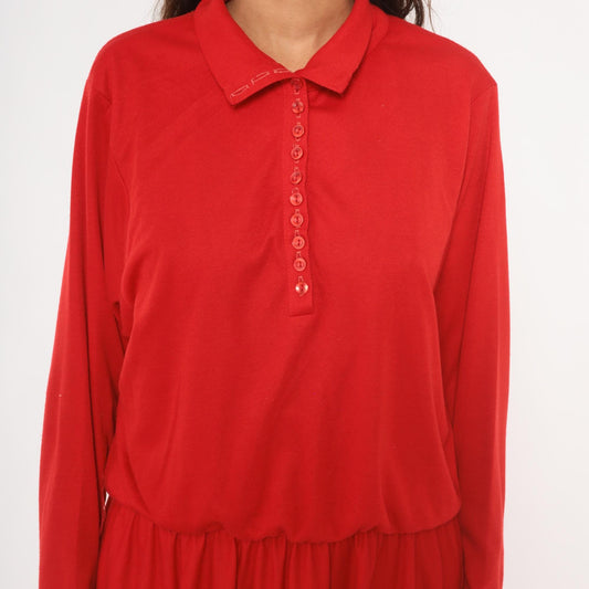 90s Positive Attitude Red Polo Dress Maxi Gathered Waist Long Sleeve Large L