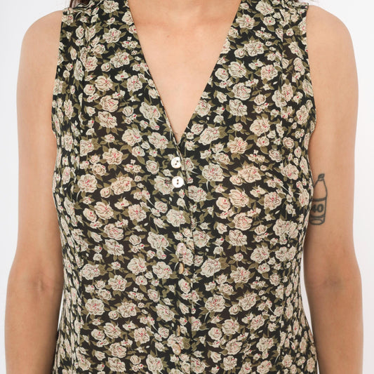 90s Express Floral Midi Dress V-Neck Black Cream Rose Print Size 9