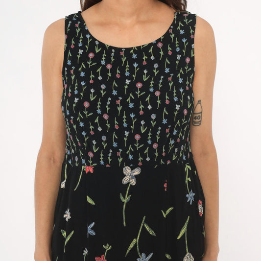 90s Putumayo Black Floral Sundress Knee Length Wildflower Embroidered Medium M