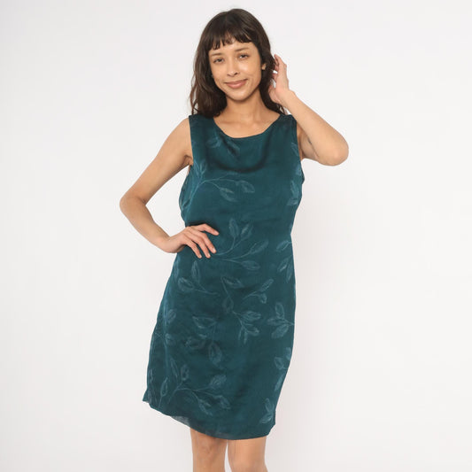 90s Norton Teal Leaf Print Sleeveless Sheath Dress Knee Length Large L