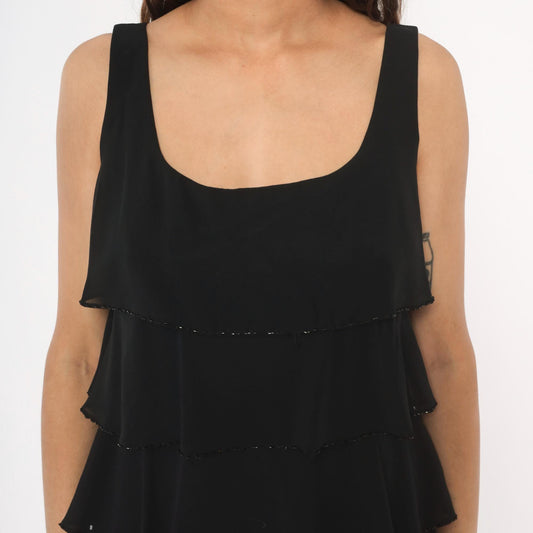 90s Patra Black Chiffon Tiered Ruffle Mini Dress Beaded Trim Medium M
