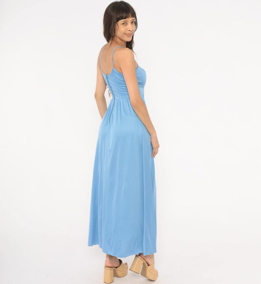 70s Sky Blue Maxi Dress Spaghetti Strap Rosette Detail Side Slit Extra Small XS