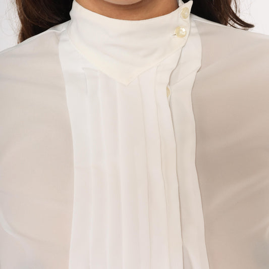 80s Kanga Sport White Pintuck Blouse Puff Sleeve High Collar Small S