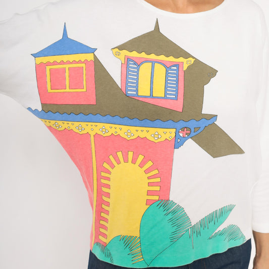 90s Tony Lambert Tropical House Cotton Graphic Tee Boat Neck Medium M