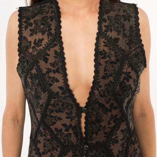 90s Reversible Black Suede Lace Vest Floral Crochet Trim Medium M