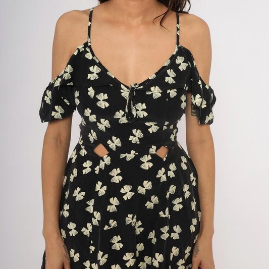 Y2K Black Cream Bow Print Mini Dress Cold Shoulder Cutout Small S