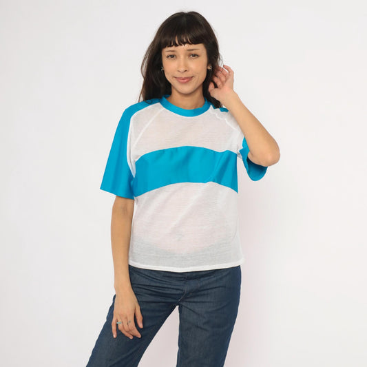 90s Kanu Mesh Panel Raglan Tee Blue White Colorblock Cotton Medium M