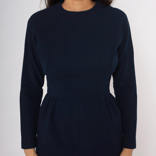 1950s Junior Sophisticates Navy Wool Dress Gathered Waist Knee Length Small