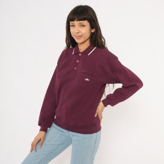 90s Green Line International Plum Polo Sweater Diamond Knit White Collar Medium M
