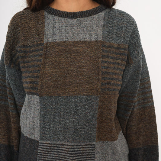 90s Bill Blass Patchwork Knit Sweater Brown Charcoal Colorblock Medium M